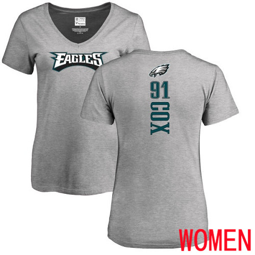 Women Philadelphia Eagles #91 Fletcher Cox Ash Backer V-Neck NFL T Shirt->nfl t-shirts->Sports Accessory